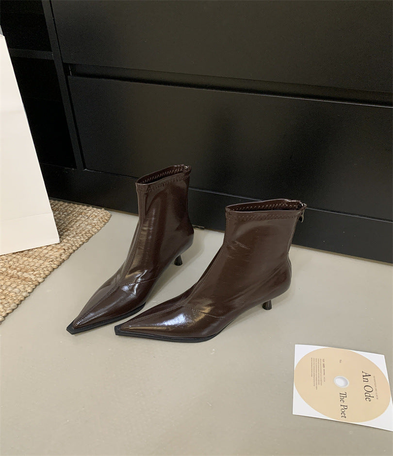 Women's High-heeled Skinny French Stiletto Retro Back Zip Soft Ankle Women's Leather Boots