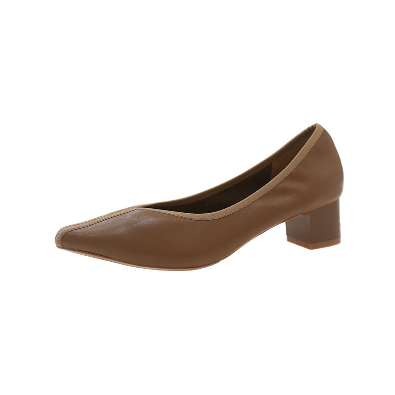 Women's Vintage Spring Genuine Thick Mid Soft V Cut Pointed Toe Women's Fashion Shoes