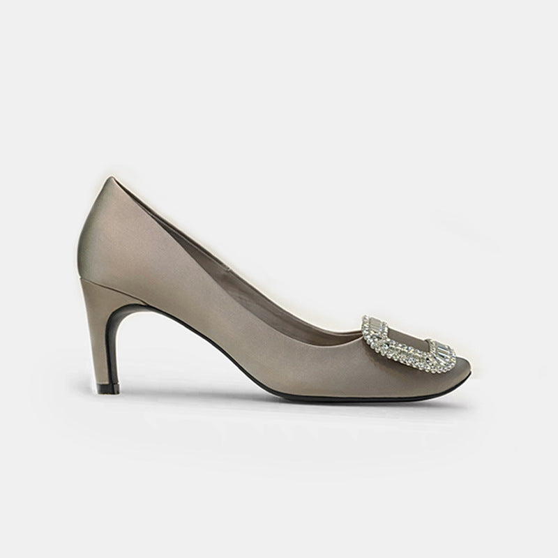 Women's Rhinestone Square Buckle Round Toe Satin Shallow Women's Fashion Shoes