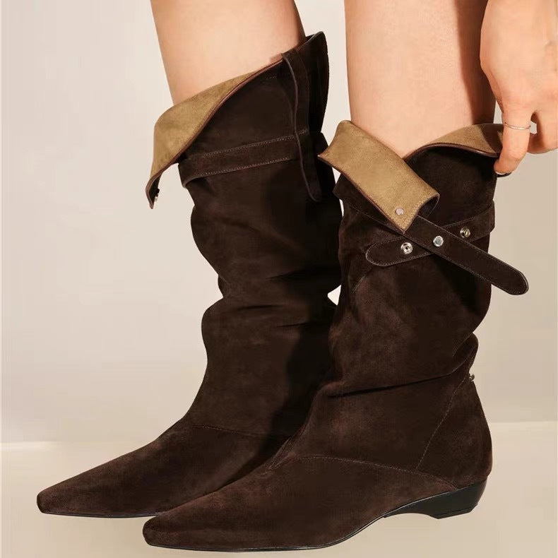 V-shaped Buckle Western Cowboy Thigh High Long Female Flanging Two-way Boots
