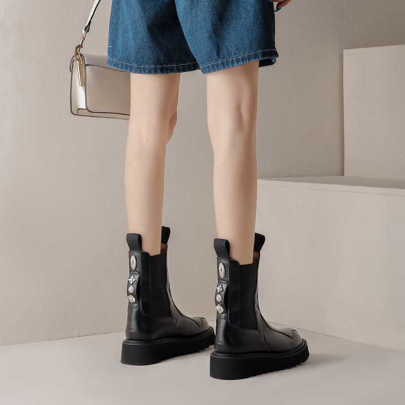 Women's Badge Buckle Height Increasing Desert Chelsea Thick-soled Women's Leather Boots