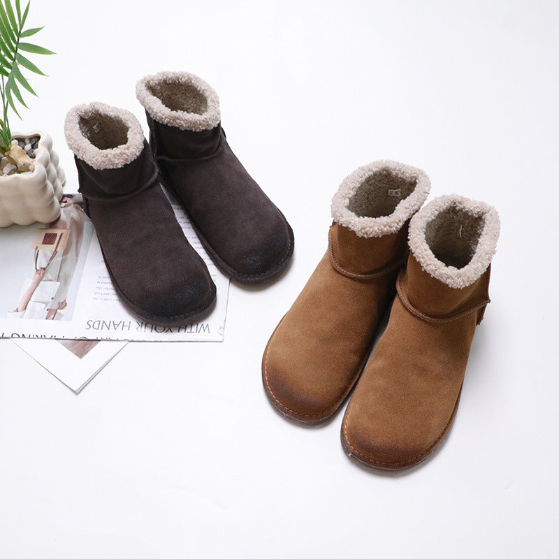 Color First Layer Cowhide Round Toe Slip-on Cotton Low Tube Boots
