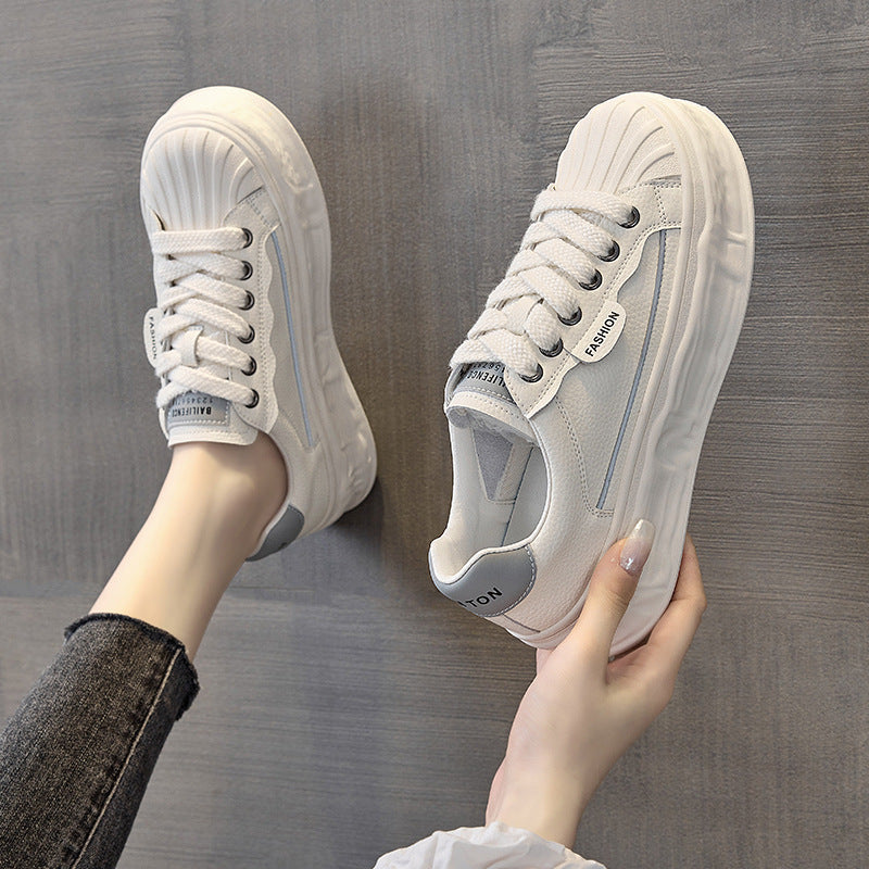 Women's White Autumn Versatile Breathable Biscuit Shape Genuine Platform Casual Shoes