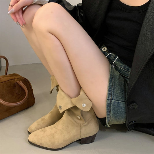 Frosted Suede Short Tube Western Cowboy Chunky Boots