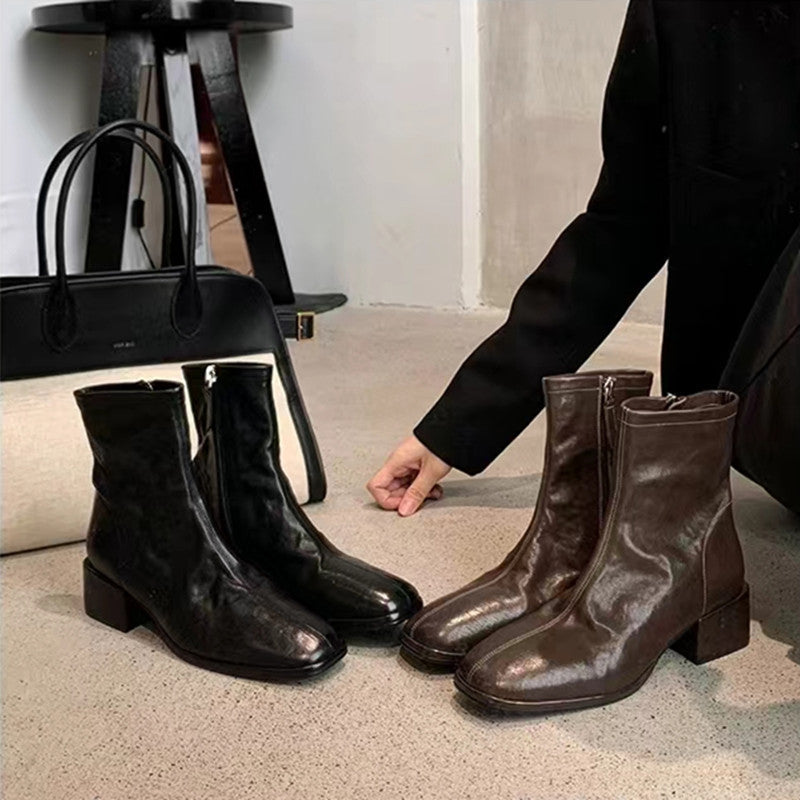 Cowhide Square Toe Washed Horse Skinny Ankle Chunky Platform Women's Leather Boots