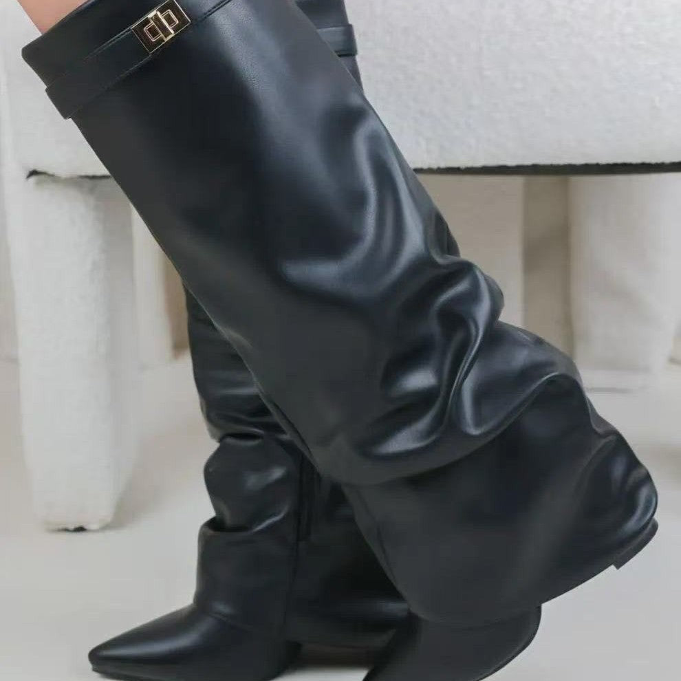 Women's Pointed Straight Pleated Metal Buckle Long Tube Large Size Thick Women's Leather Boots