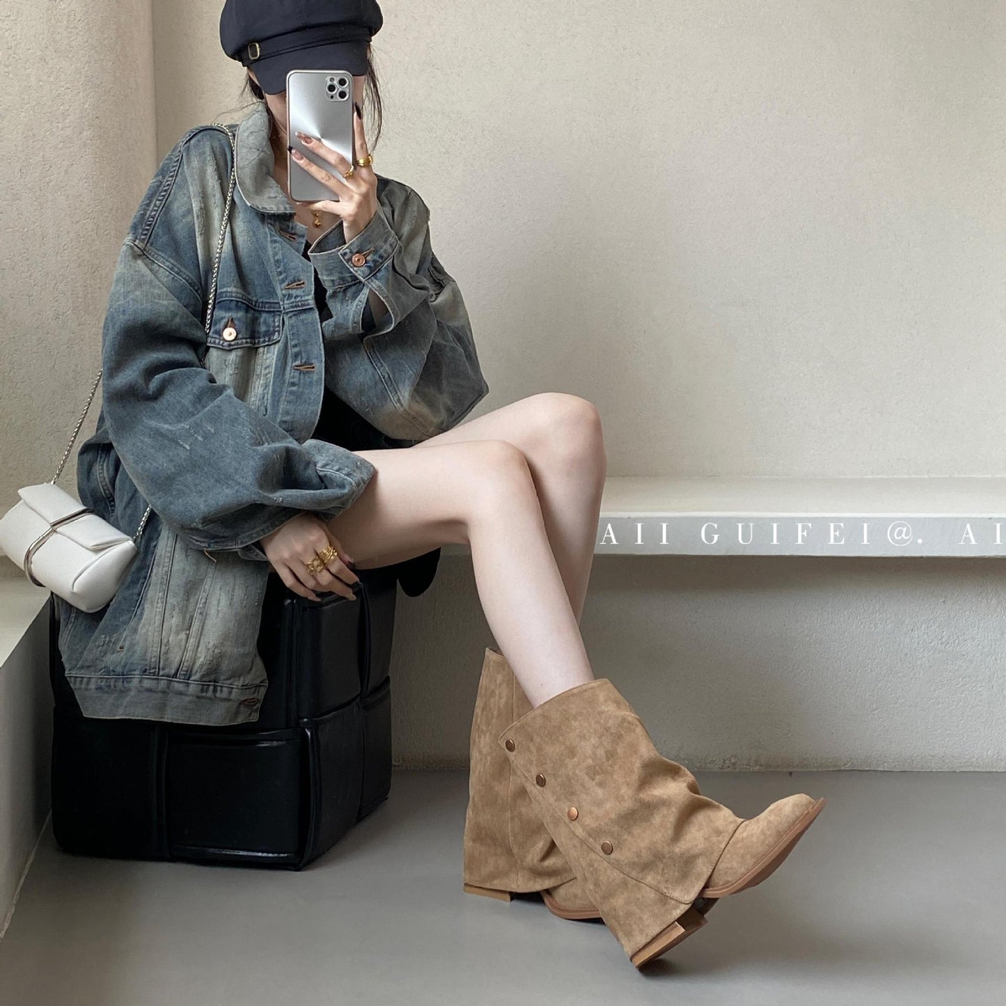 Western Denim Pile Style Knight Early Autumn Martin Women's Leather Boots