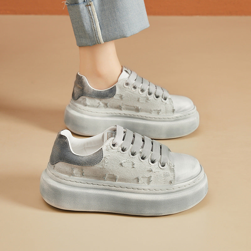 Women's White Autumn Retro Platform Hight Increasing Board Women's Casual Shoes