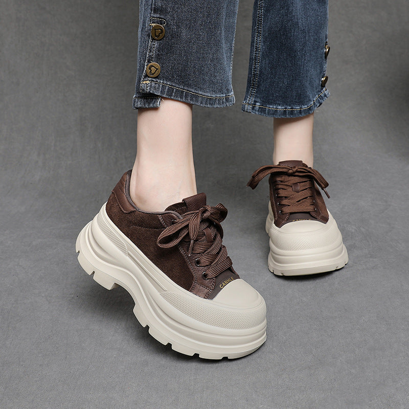 Women's Layer Cowhide Small Thick Bottom Heightened Platform Women's Sports Shoes