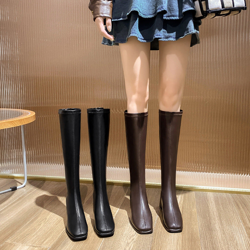 Square Toe Rear Zipper Slimming High Tube Thick Back Knight Boots
