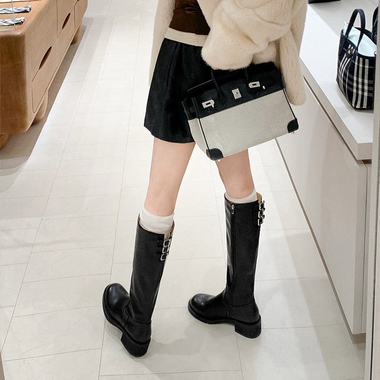 Version French Chunky Belt Buckle Side Zipper Slimming Straight Female Women's Leather Boots