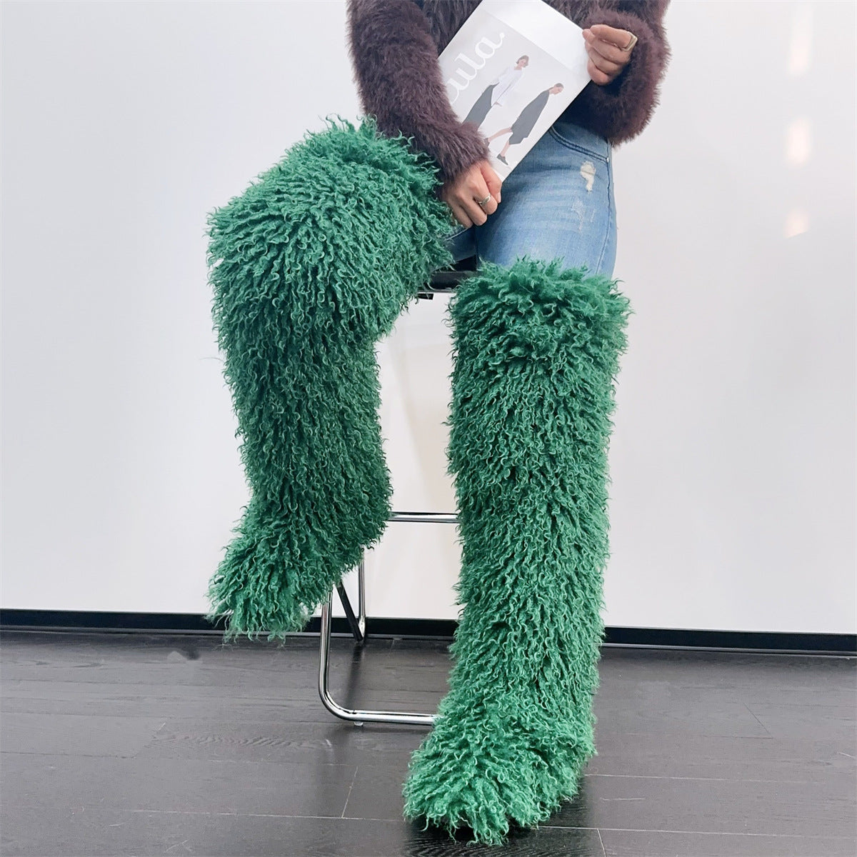 Imitated Tibet Sheep Fur Thigh Height Over Women's Snow Boots