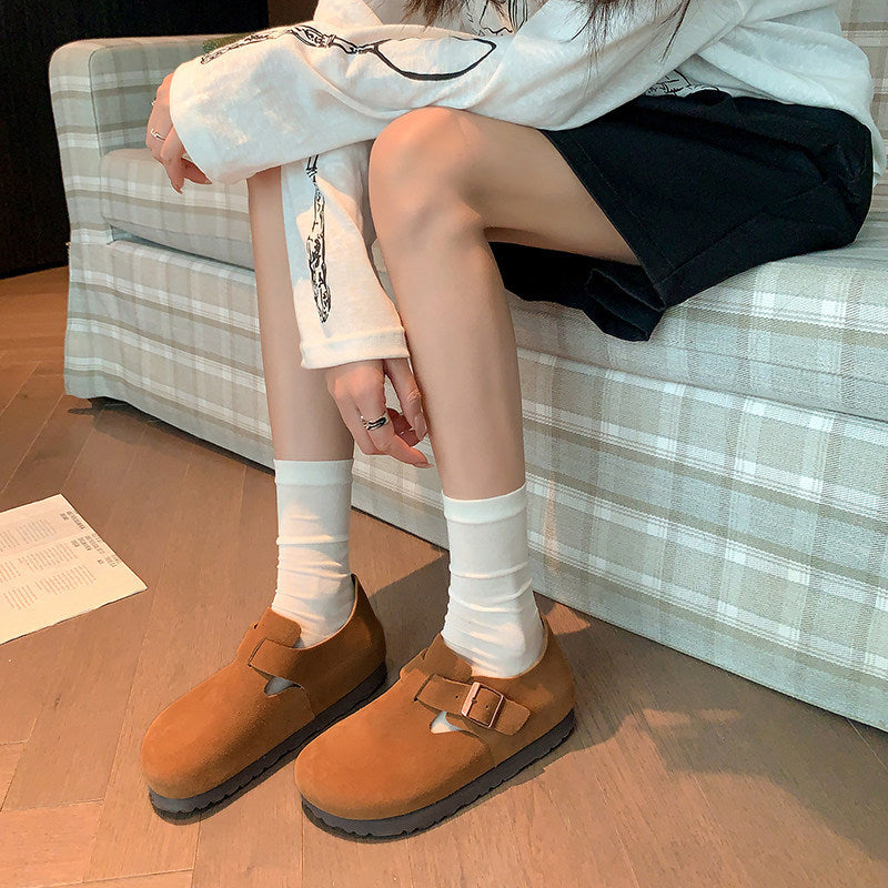 Cowhide Thick Bottom Lovers Vintage Genuine Soft Pine Slip-on Women's Casual Shoes