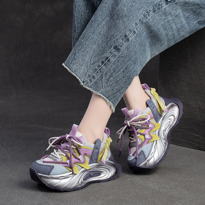 Women's Spring Color Matching Fashion Clunky Small Height Increasing Breathable Mesh Women's Shoes