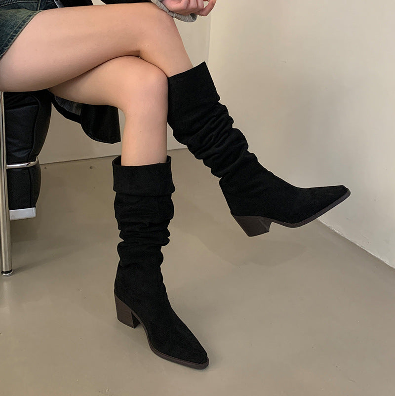 Women's Elegant Chunky Khaki Over The Knee Women's Leather Boots