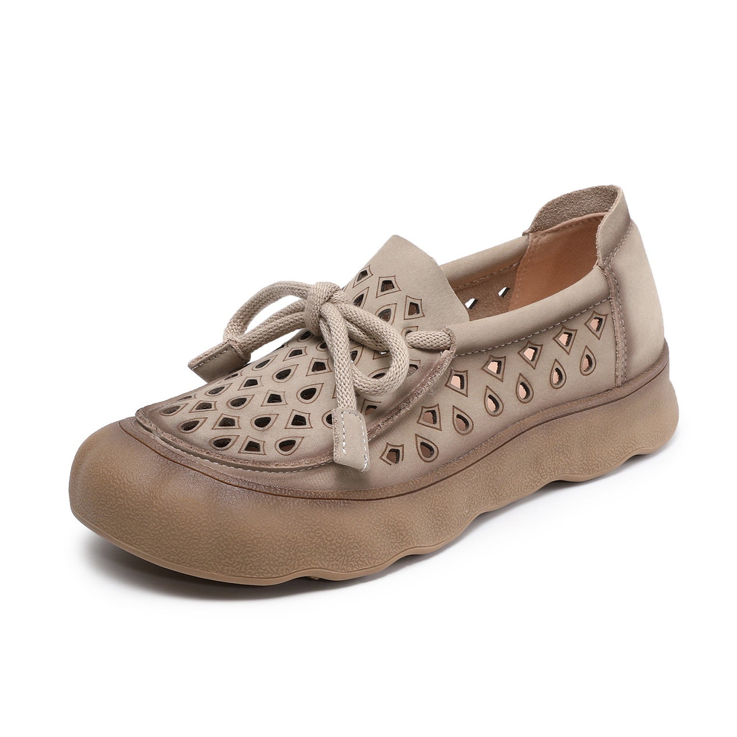 Genuine Flat Soft Bottom Retro Hollow Out Breathable Perforated Lace Casual Shoes