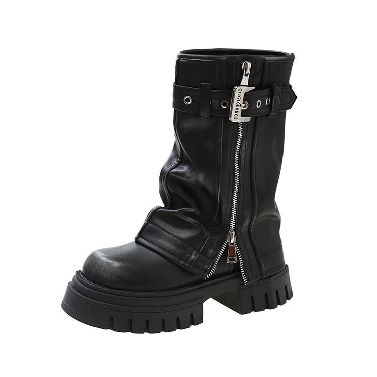 Women's Platform Martin Autumn Brushed Square Toe Western Women's Leather Boots