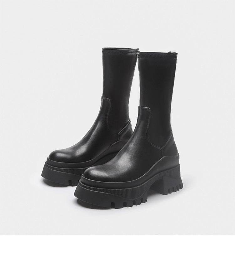 Women's Style Round Toe Martin Mid Chunky Boots