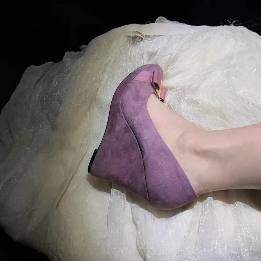 French Purple Vintage Suede Metal Buckle Wedge High Female Heels