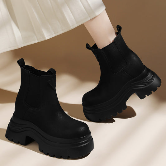 Women's British Style Short High Platform Height Increasing Insole Boots