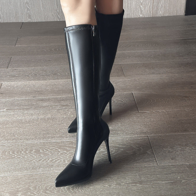 Women's Stiletto Below The Knee High Leg Women's Leather Boots