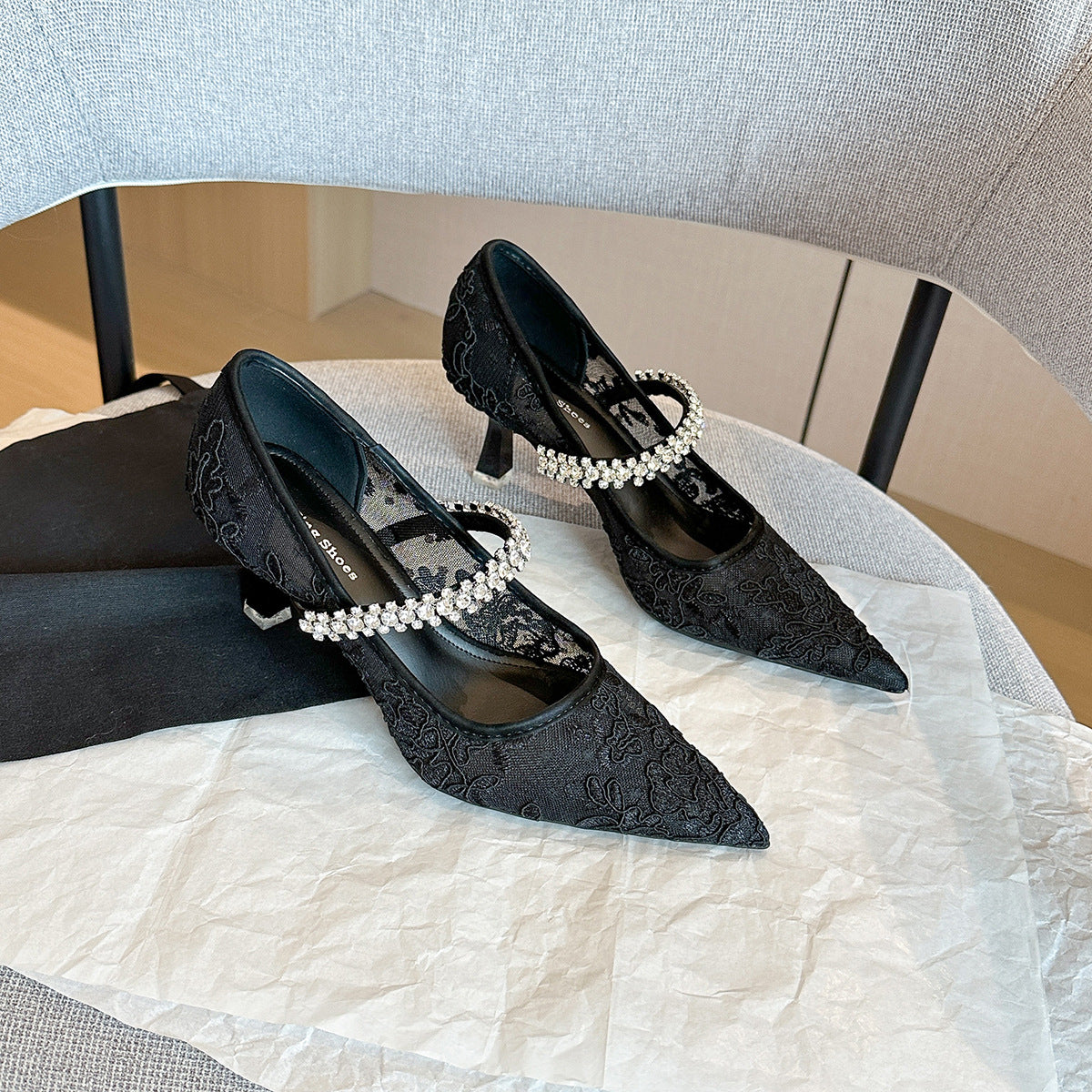 Lace Pointed Toe High Pumps Rhinestones Women's Shoes