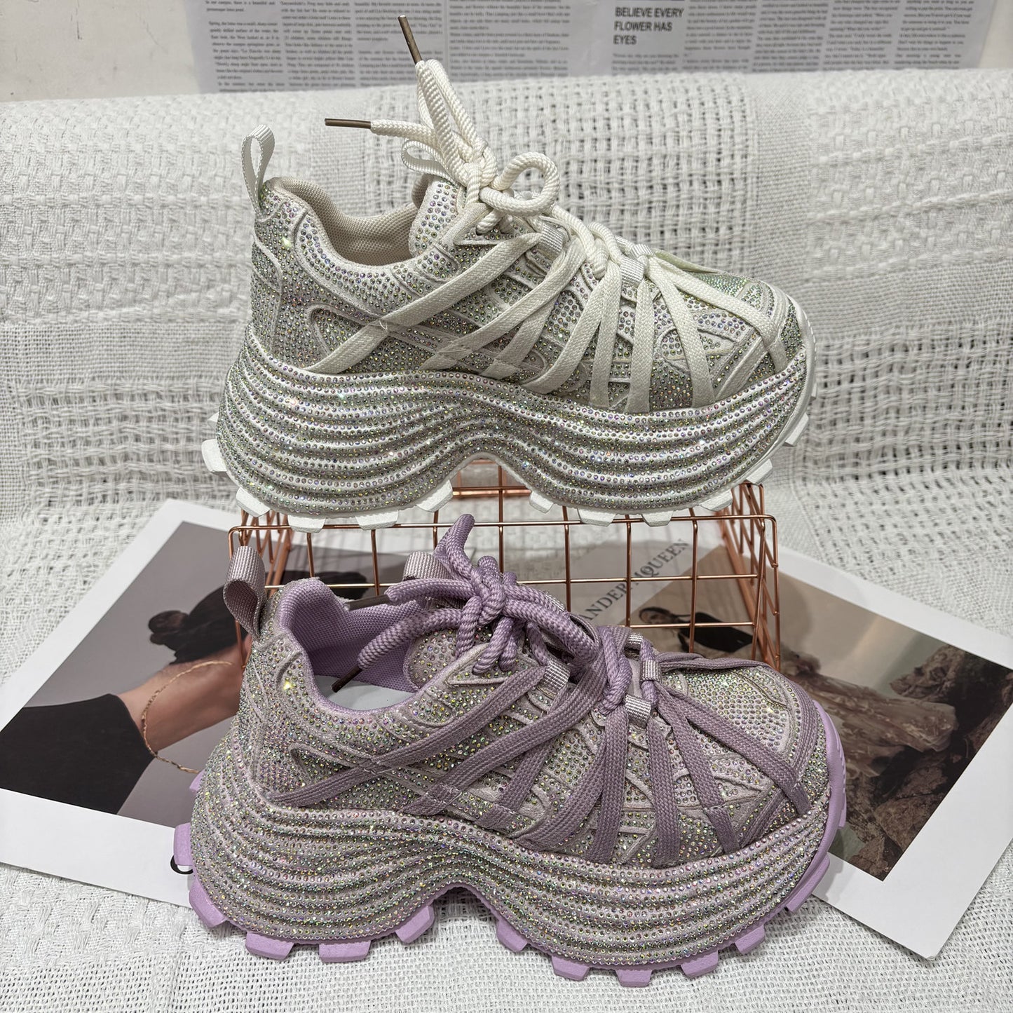 Women's European Goods Starry Rhinestone Strap Dad Sneakers