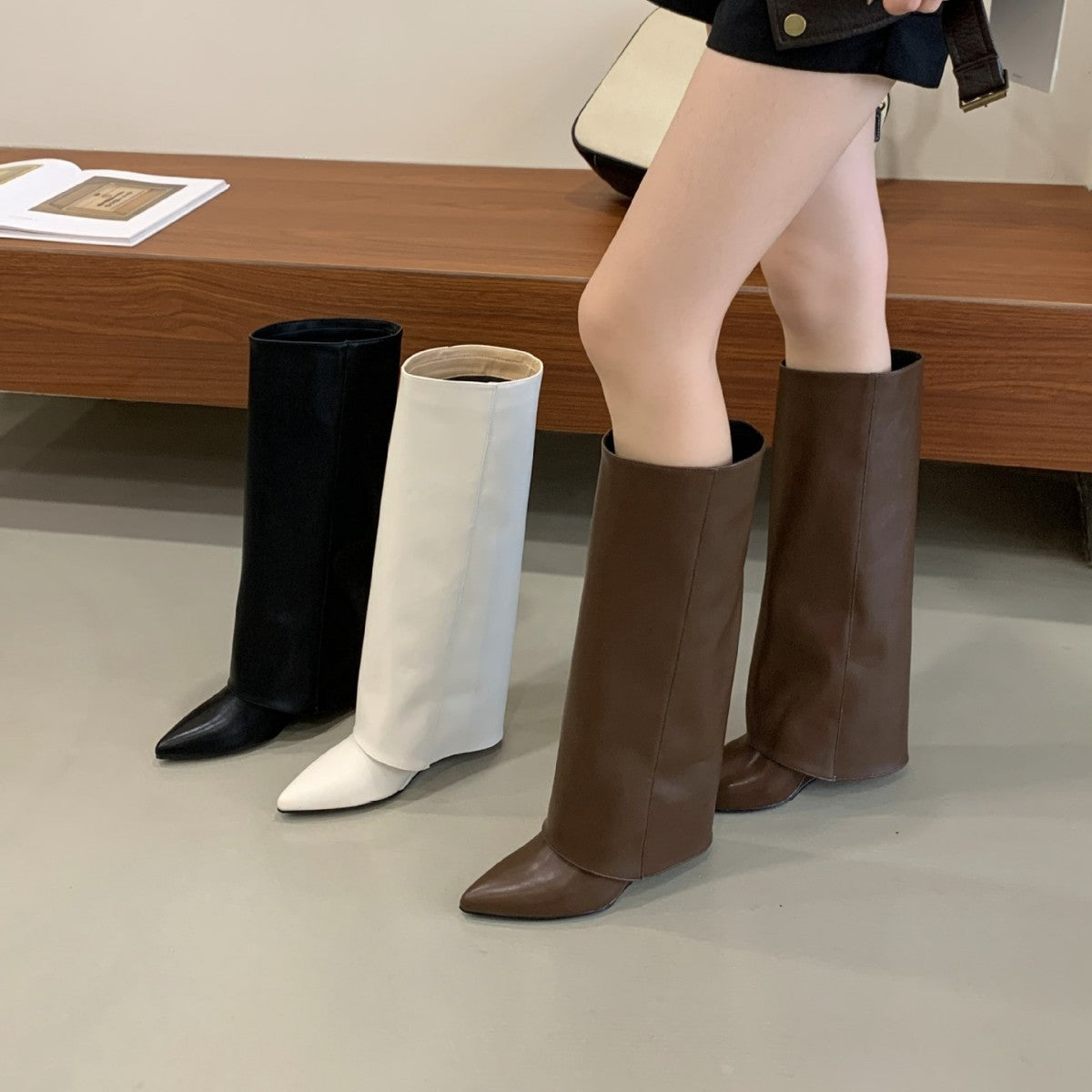 Women's Pointed Toe High Riding Wedge Pants Below Women's Leather Boots