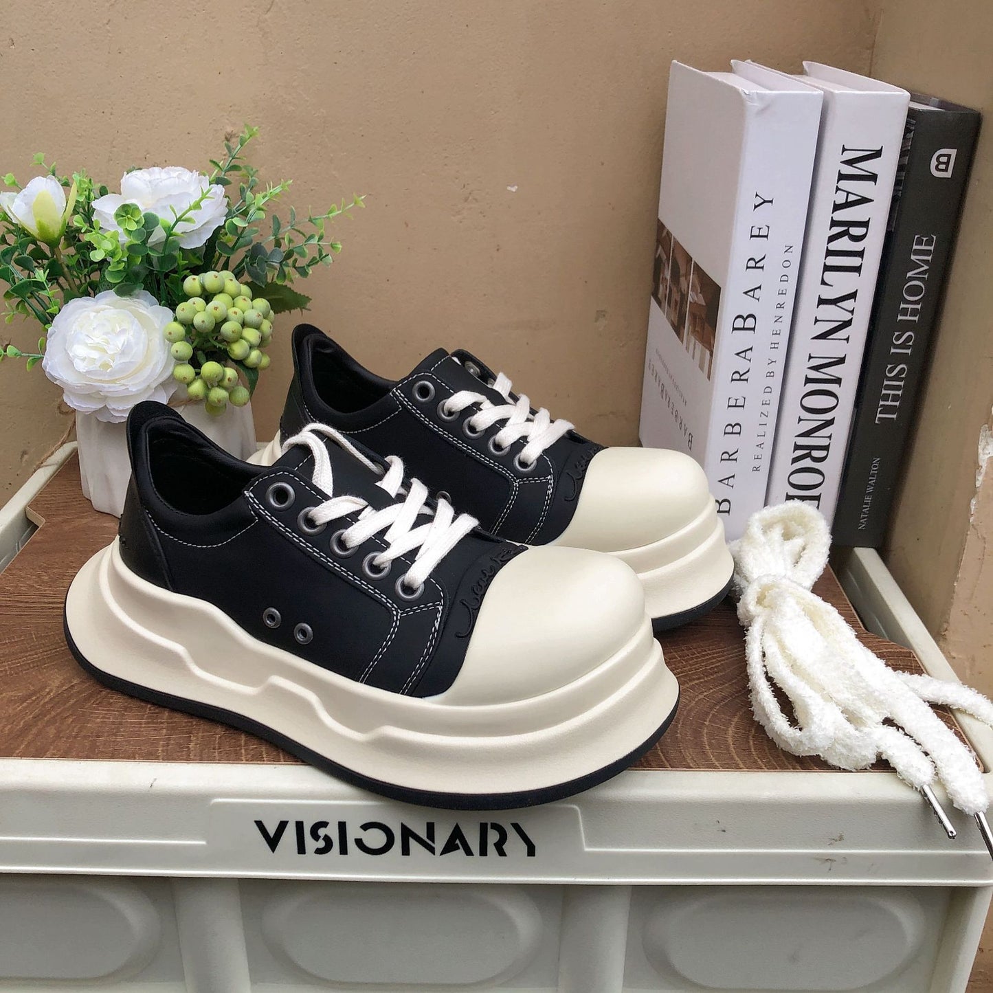 Women's Black White Round Toe Mickey Big Head Ugly Cute Thick Casual Shoes
