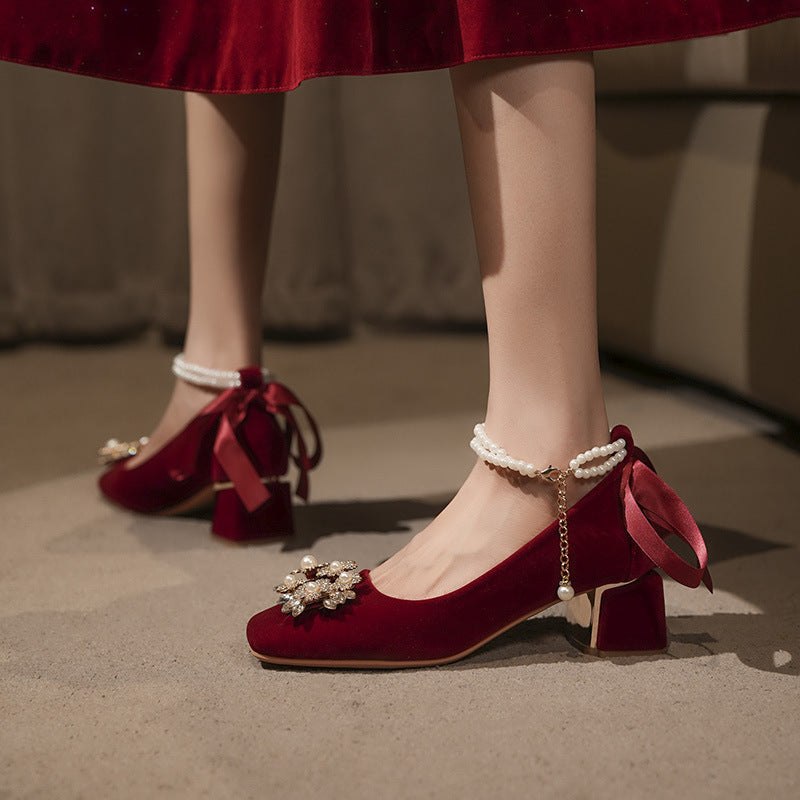 Women's Toe Rhinestone Buckle Pearl Chain Red Suede Wedding For Chunky Women's Casual Shoes