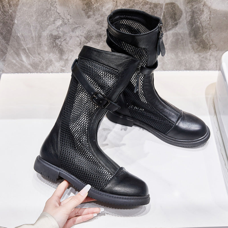 Women's Mesh Surface Hollowed Martin Summer British Style Women's Leather Boots