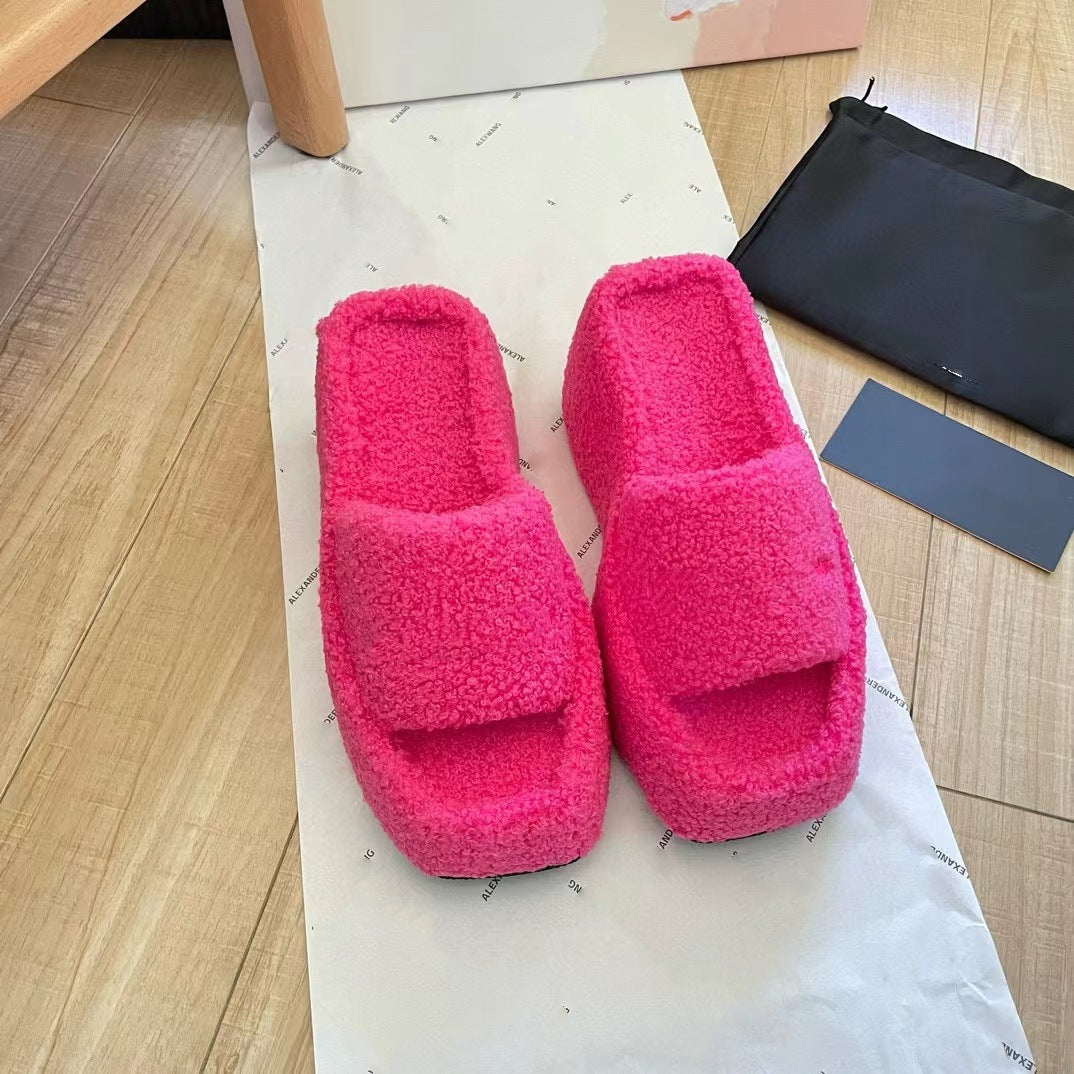 Women's Thick Bottom Fur Height Increasing Wedge Slippers