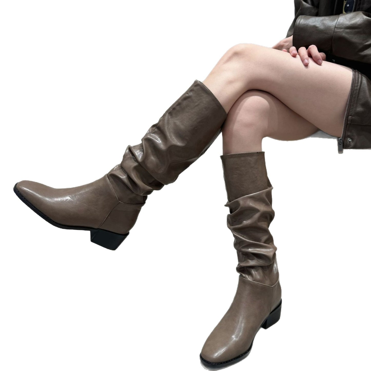 Women's Toe Pleated Pile Style Thick Below The Knee Long Tube Heels