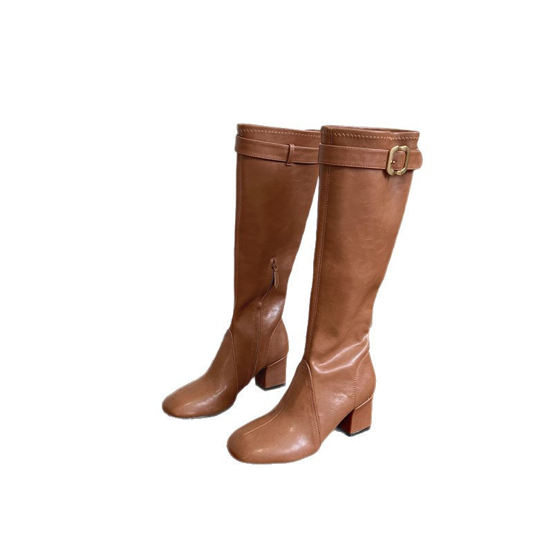 Buckle High Female Side Zipper Skinny Women's Leather Boots