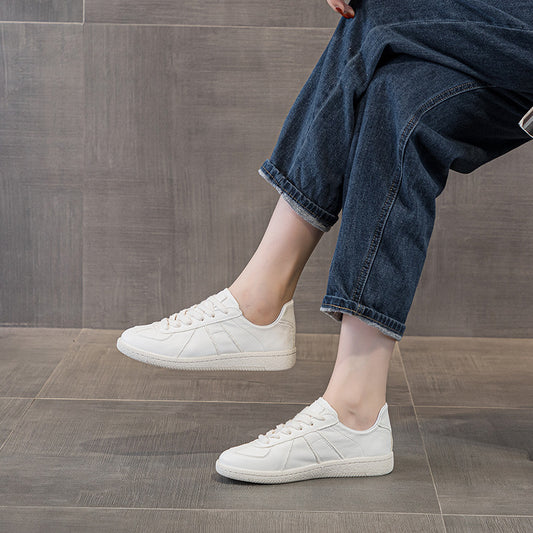 Women's White Flat Top Layer Cowhide Breathable Skateboard Sneakers