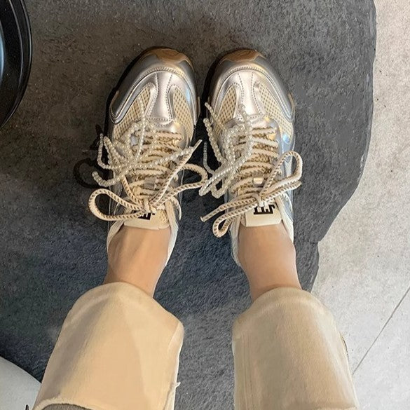 Women's Spring Girlish Style Pearl Double Shoelace Genuine Sneakers