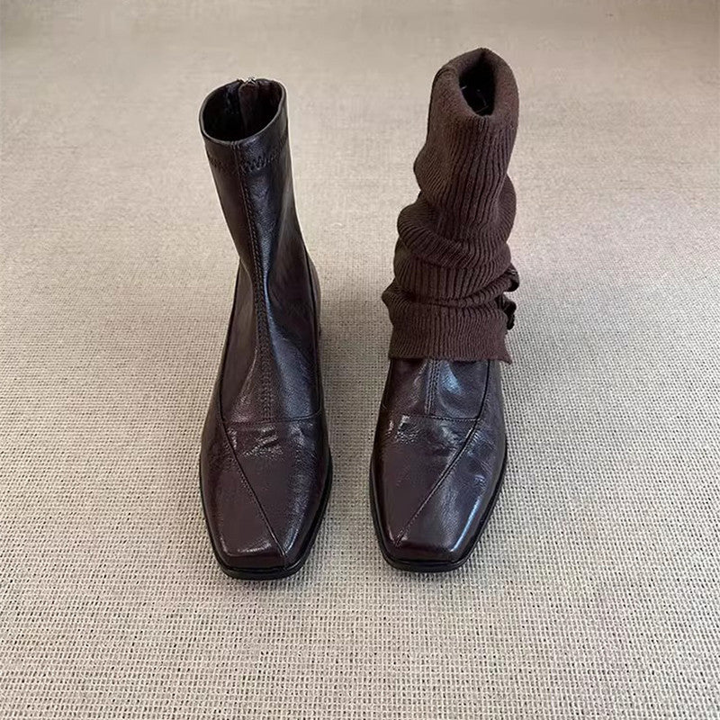 Women's Version Genuine Minimalist Commute Short Slimming Back Zipper Chunky Square Women's Leather Boots