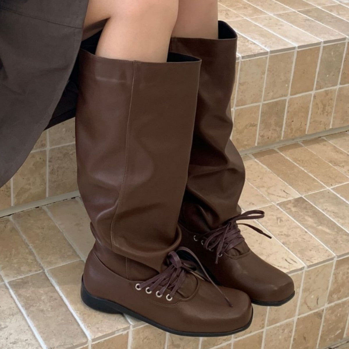 Distressed Wrinkled Autumn Korean Style Comfortable Women's Leather Boots