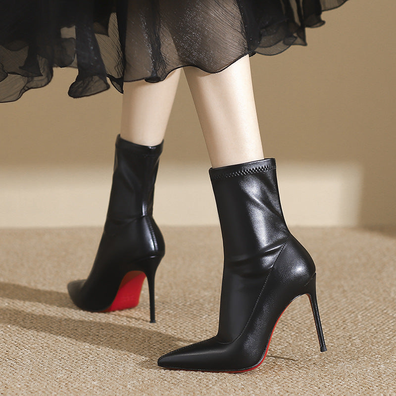 Women's Thin Red Bottom Pointed Stiletto Temperament Black Boots