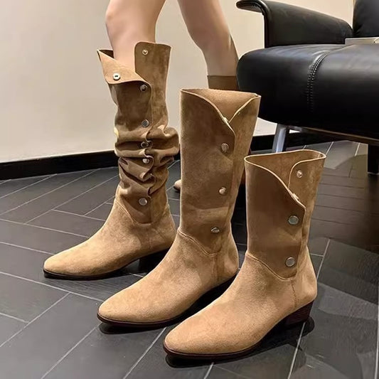 Women's Western Cowboy Button High Leg Chunky Women's Leather Boots