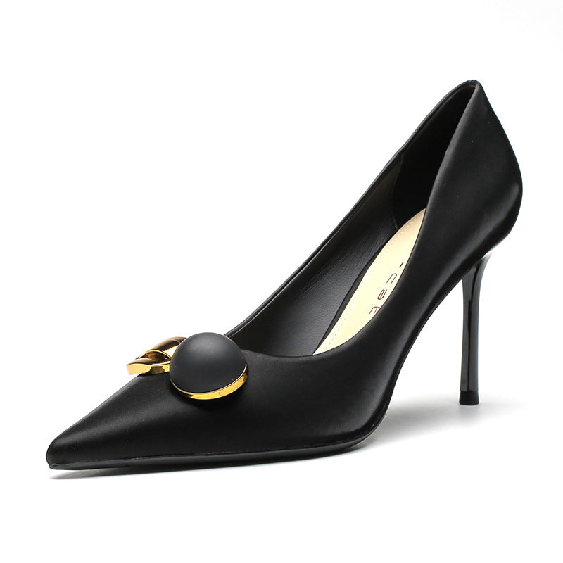 Women's Spring Black Pointed Low-cut Metal Buckle Women's Fashion Shoes
