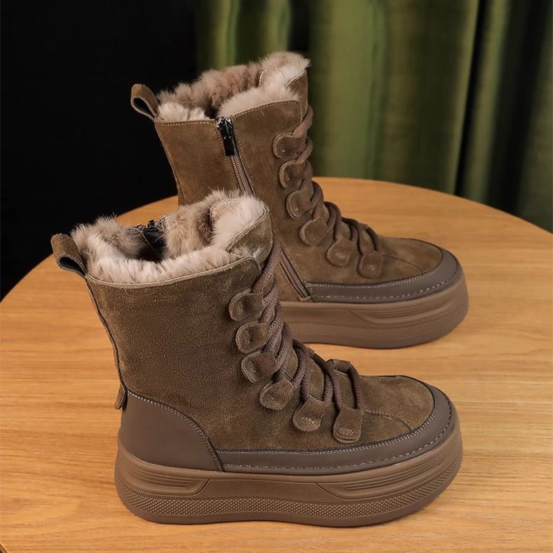Women's Platform Winter Fur Integrated Mid Short Plus Women's Leather Boots
