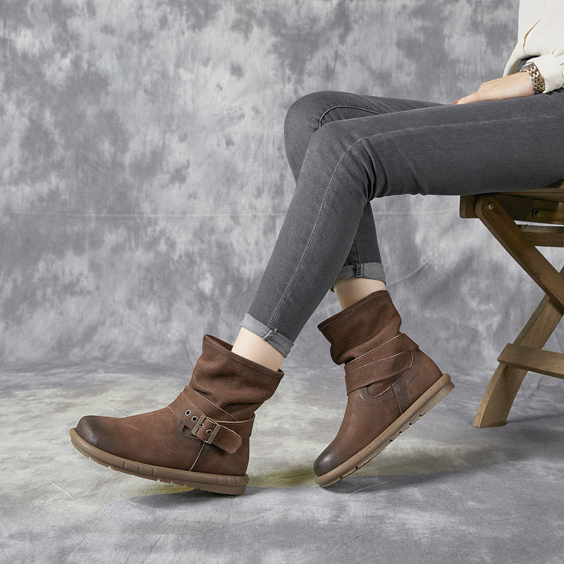 Women's Genuine Single Mori Style Retro Round Toe Comfortable Soft Bottom Women's Leather Boots