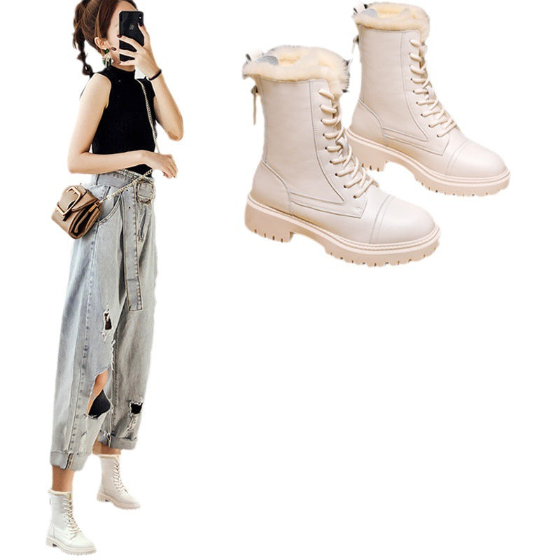 Women's Martin Real Fur Fleece-lined Thick-soled British Snow Boots