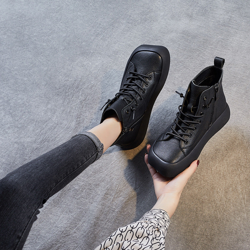 Women's Genuine Lace Up Retro Square Toe Boots