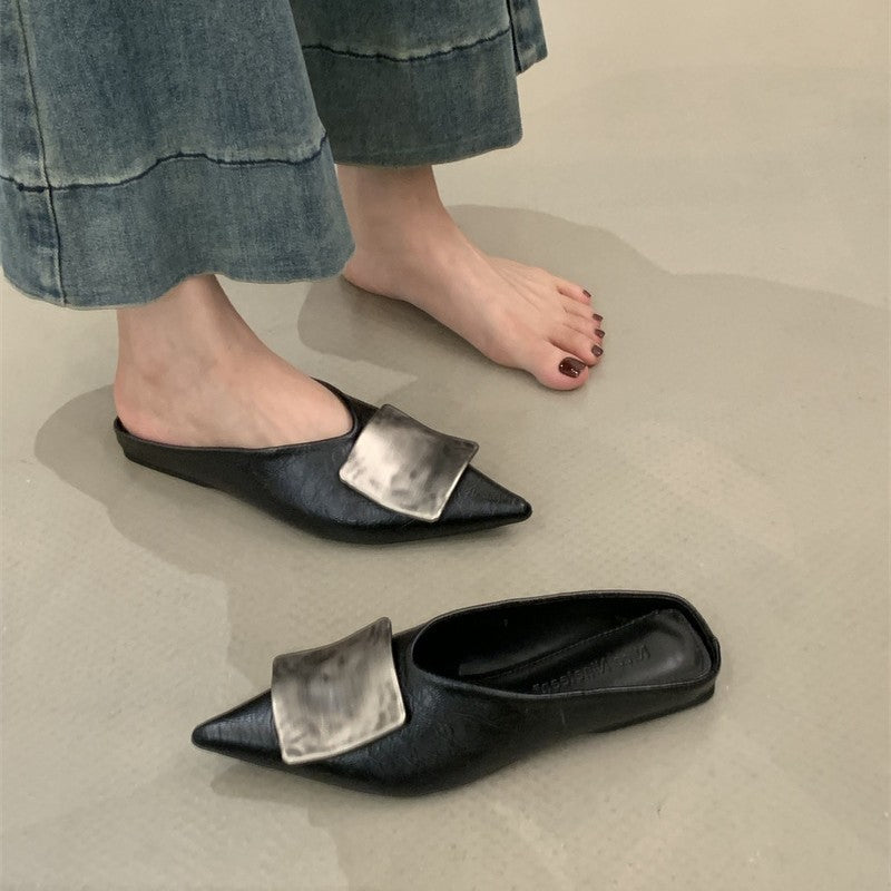 Women's Metal Buckle Closed Toe Half Outer Wear Summer Height Increasing Sandals