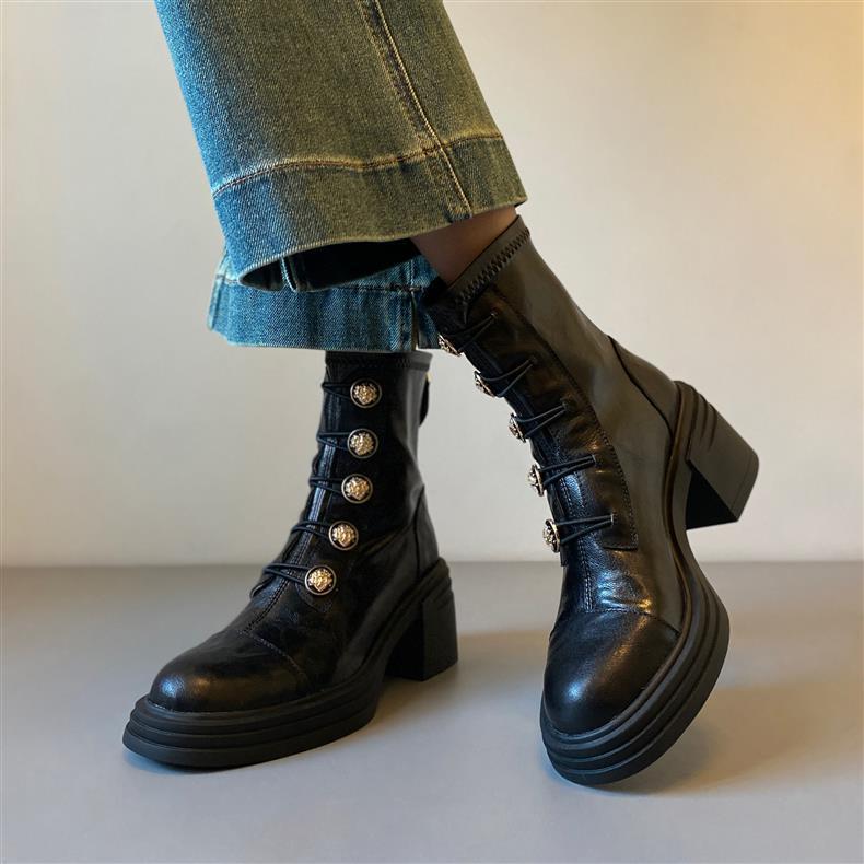 Golden Button Martin Female British Thick Skinny Women's Leather Boots