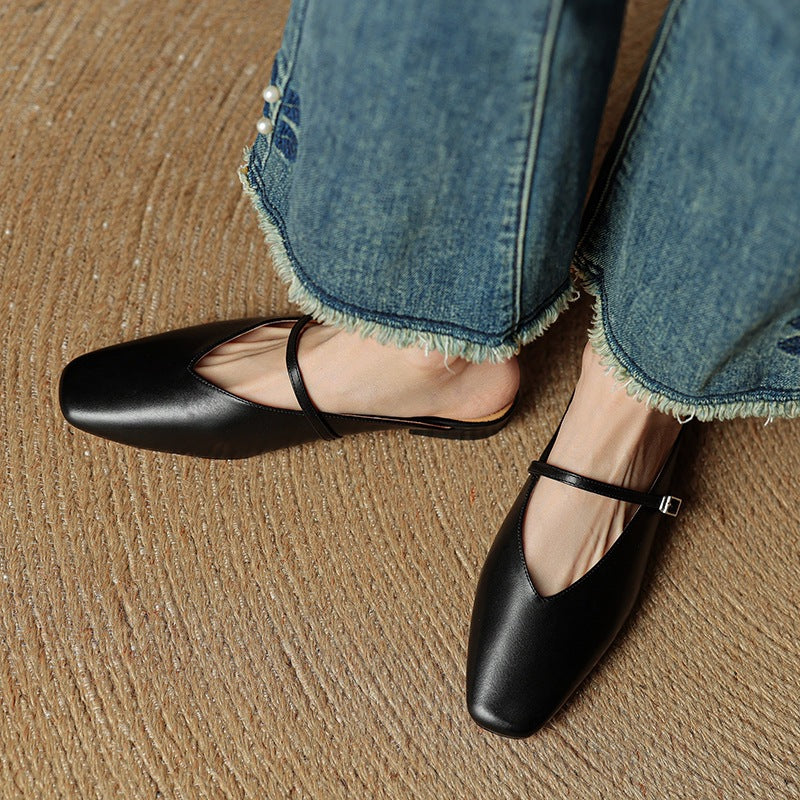 Women's Square Toe Cowhide Closed Low Flat Bottom Comfort Women's Fashion Shoes