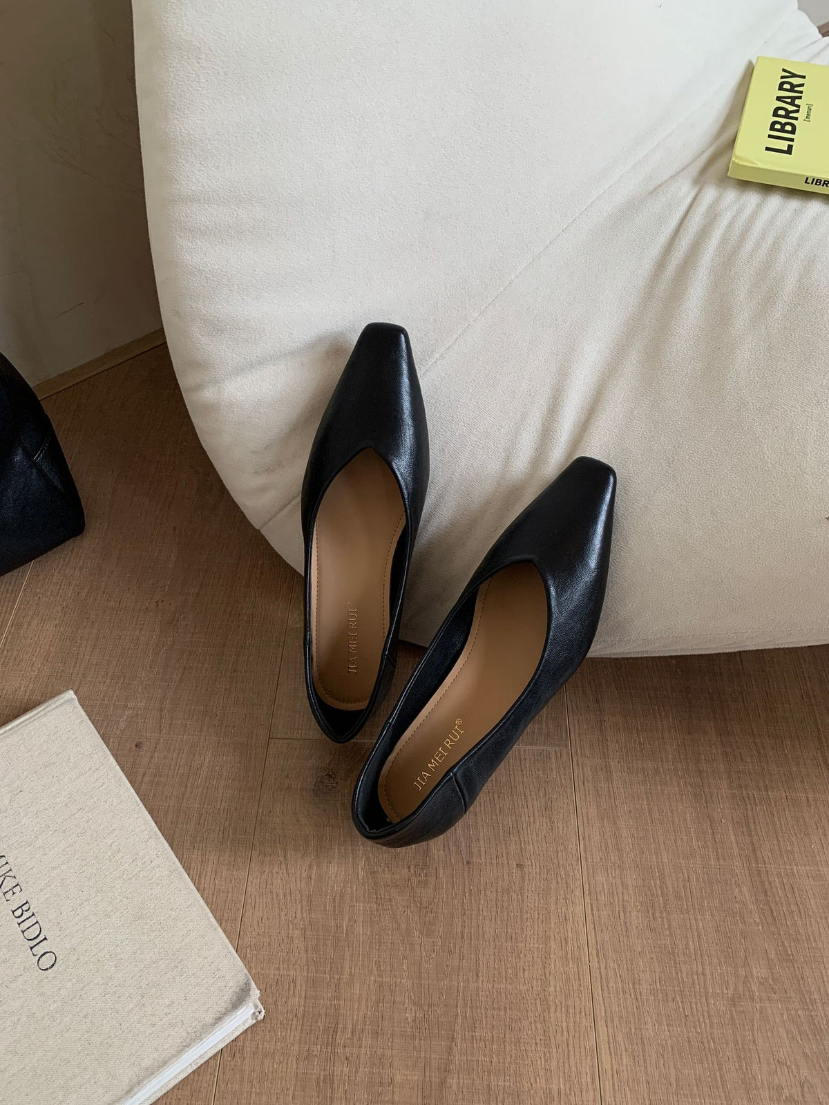 Women's Black Low Square Toe Pumps Height Increasing Insole Elegant Flat Heels