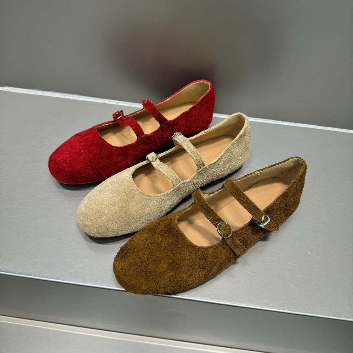 Cow Suede Flat Bottom Ballet Shallow Mouth Design Word Buckle Women's Fashion Shoes